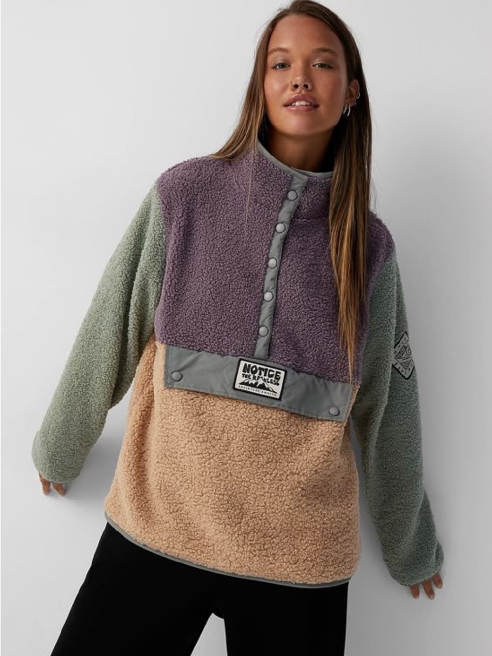 Notice The Reckless Sherpa Snap Pullover Colorblock Purple Sage Tan Size Small
